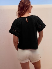 Black Broderie Boho Short Sleeve Ric Rac 100% Cotton Top - Image 2 of 6