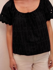 Black Broderie Boho Short Sleeve Ric Rac 100% Cotton Top - Image 3 of 6