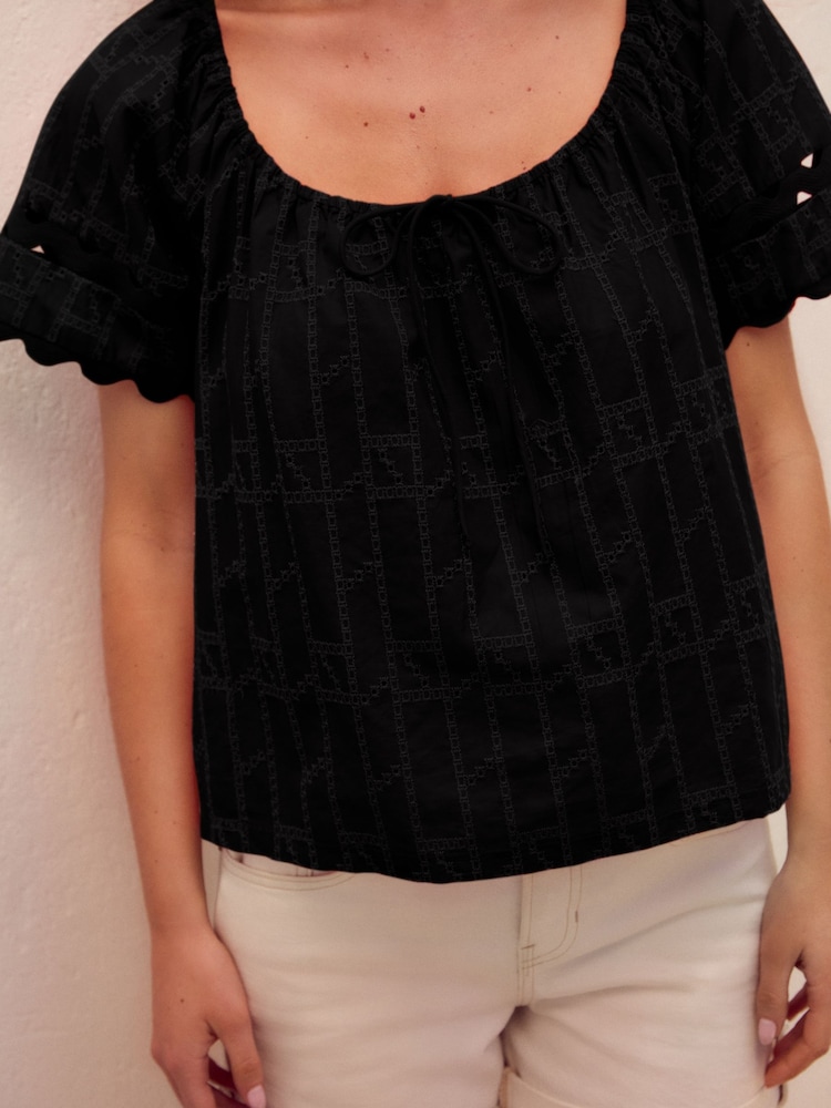 Black Broderie Boho Short Sleeve Ric Rac Top - Image 3 of 6