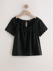 Black Broderie Boho Short Sleeve Ric Rac 100% Cotton Top - Image 4 of 6