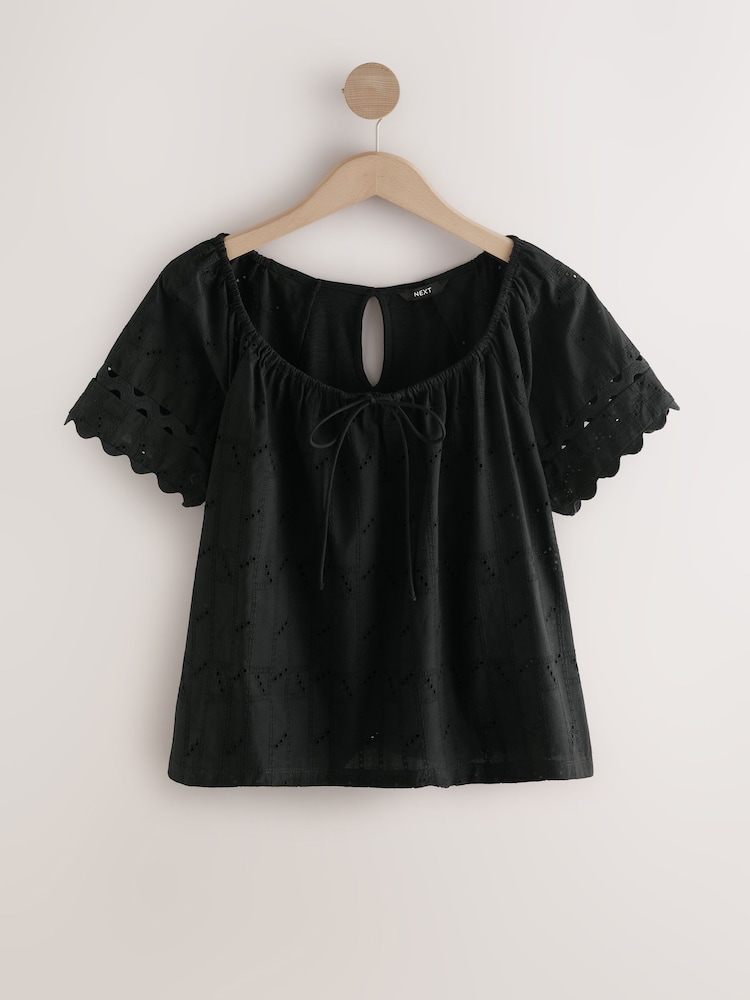 Black Broderie Boho Short Sleeve Ric Rac Top - Image 5 of 6