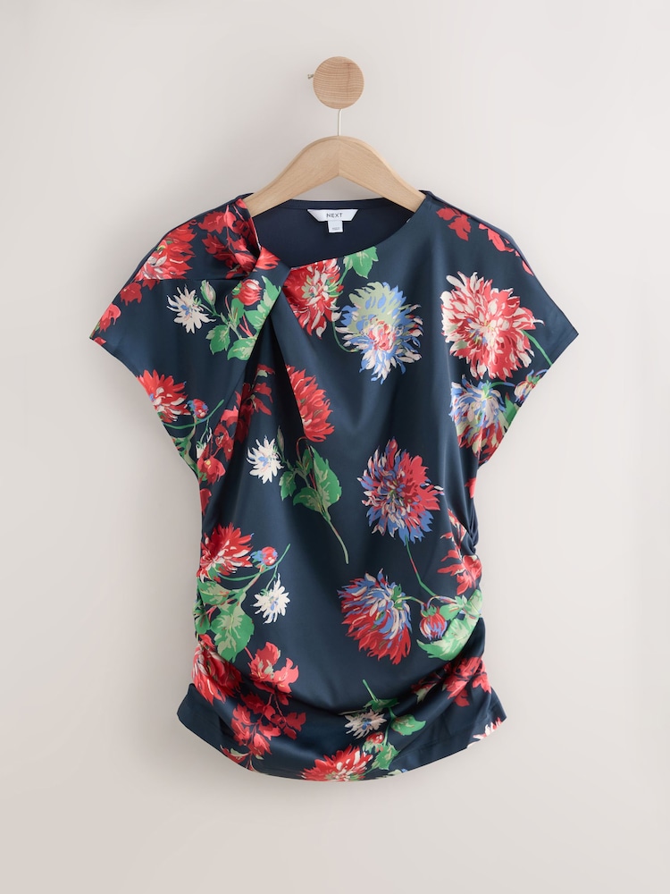 Navy/Red Floral Print Satin Ruched Short Sleeve Top - Image 1 of 4 Navy/Red Floral Print Satin Ruched Short Sleeve Top - Image 1 of 4