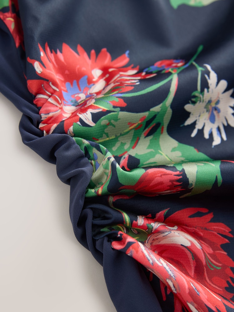 Navy/Red Floral Print Satin Ruched Short Sleeve Top - Image 4 of 4