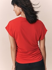 Red Satin Ruched Short Sleeve Top - Image 3 of 8
