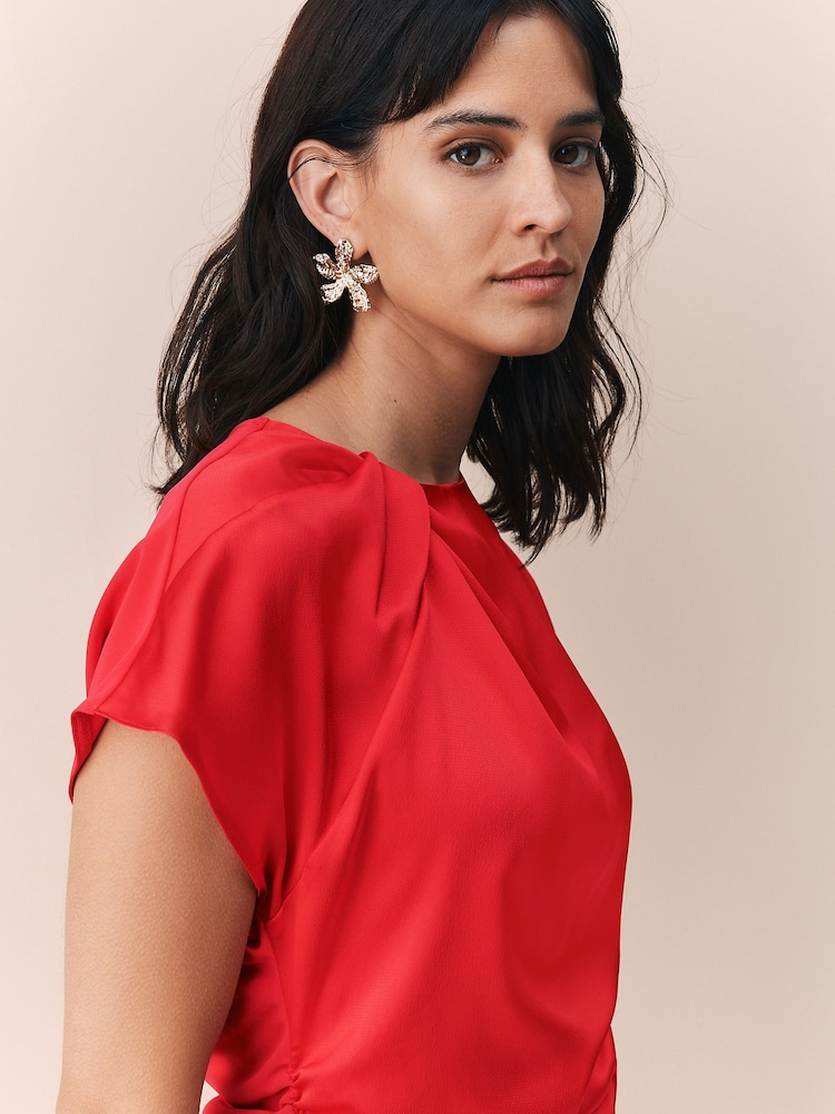 Red Satin Ruched Short Sleeve Top - Image 4 of 8