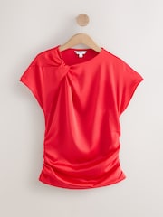 Red Satin Ruched Short Sleeve Top - Image 5 of 8