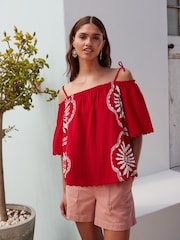 Red/White Print Strappy Bardot Short Sleeve 100% Cotton Top - Image 1 of 6