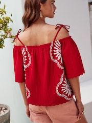 Red/White Print Strappy Bardot Short Sleeve 100% Cotton Top - Image 2 of 6