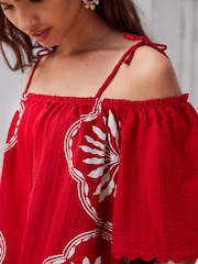 Red/White Print Strappy Bardot Short Sleeve 100% Cotton Top - Image 3 of 6