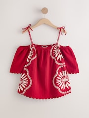 Red/White Print Strappy Bardot Short Sleeve 100% Cotton Top - Image 4 of 6