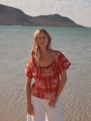 Red/Ecru Palm Print Broderie Boho Short Sleeve Ric Rac Top - Image 1 of 4