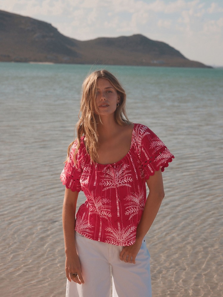Red/Ecru Palm Print Broderie Boho Short Sleeve Ric Rac Top - Image 1 of 8 Red/Ecru Palm Print Broderie Boho Short Sleeve Ric Rac Top - Image 1 of 8