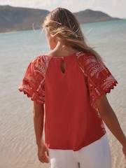 Red/Ecru Palm Print Broderie Boho Short Sleeve Ric Rac Top - Image 2 of 4