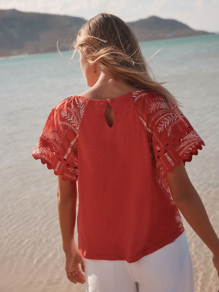 Red/Ecru Palm Print Broderie Boho Short Sleeve Ric Rac Top - Image 2 of 4