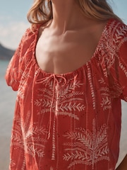 Red/Ecru Palm Print Broderie Boho Short Sleeve Ric Rac Top - Image 3 of 4