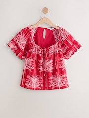 Red/Ecru Palm Print Broderie Boho Short Sleeve Ric Rac Top - Image 5 of 8