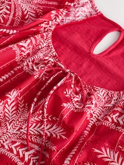 Red/Ecru Palm Print Broderie Boho Short Sleeve Ric Rac Top - Image 6 of 8
