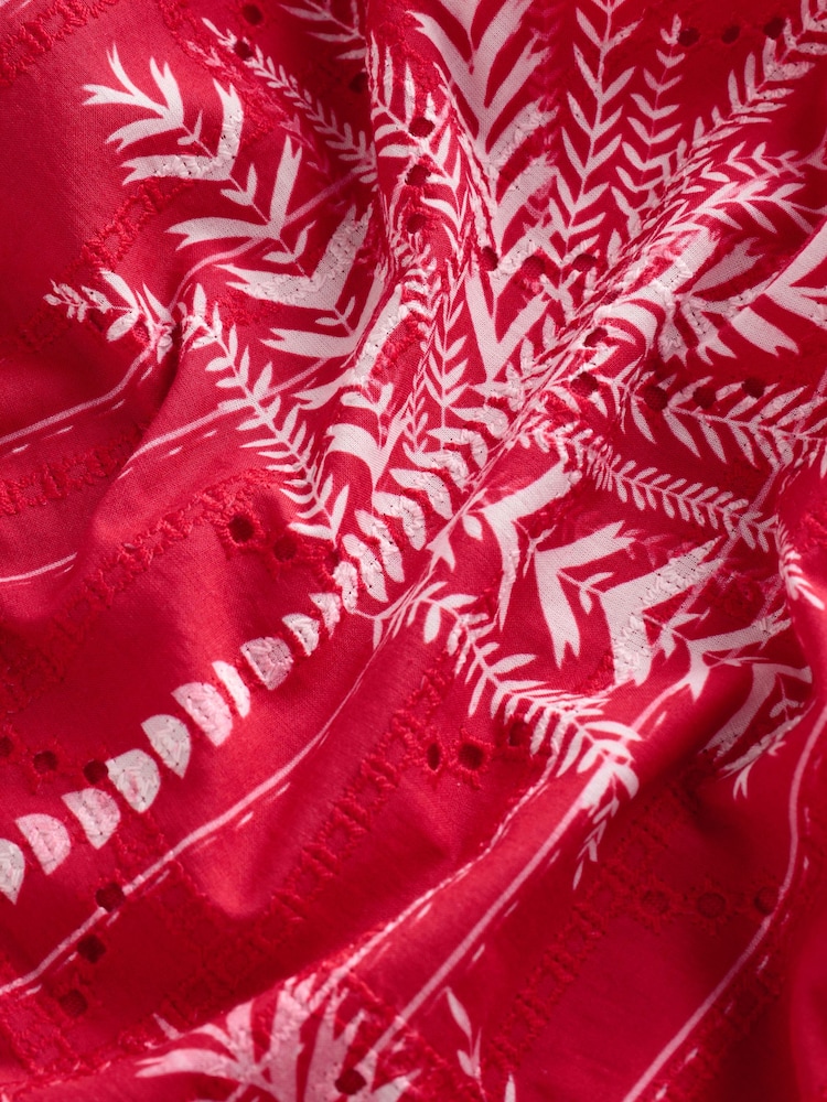 Red/Ecru Palm Print Broderie Boho Short Sleeve Ric Rac Top - Image 8 of 8