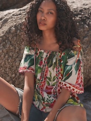 Green/Pink Fruit Print Strappy Bardot Short Sleeve 100% Cotton Top - Image 1 of 7