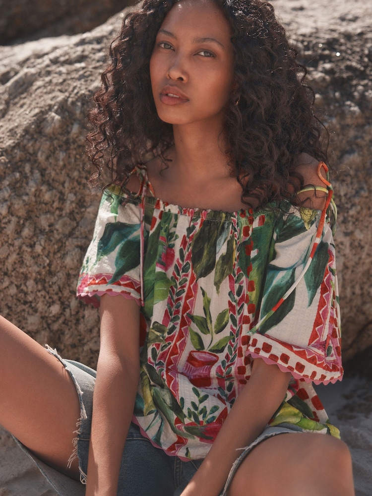 Green/Pink Fruit Print Strappy Bardot Short Sleeve 100% Cotton Top - Image 1 of 7