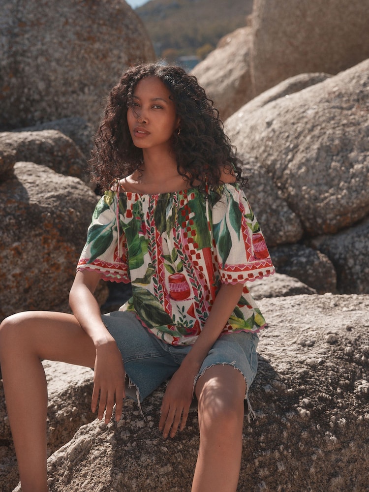 Green/Pink Fruit Print Strappy Bardot Short Sleeve 100% Cotton Top - Image 2 of 7