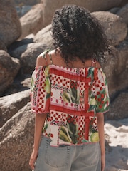 Green/Pink Fruit Print Strappy Bardot Short Sleeve 100% Cotton Top - Image 3 of 7