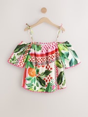 Green/Pink Fruit Print Strappy Bardot Short Sleeve 100% Cotton Top - Image 5 of 7