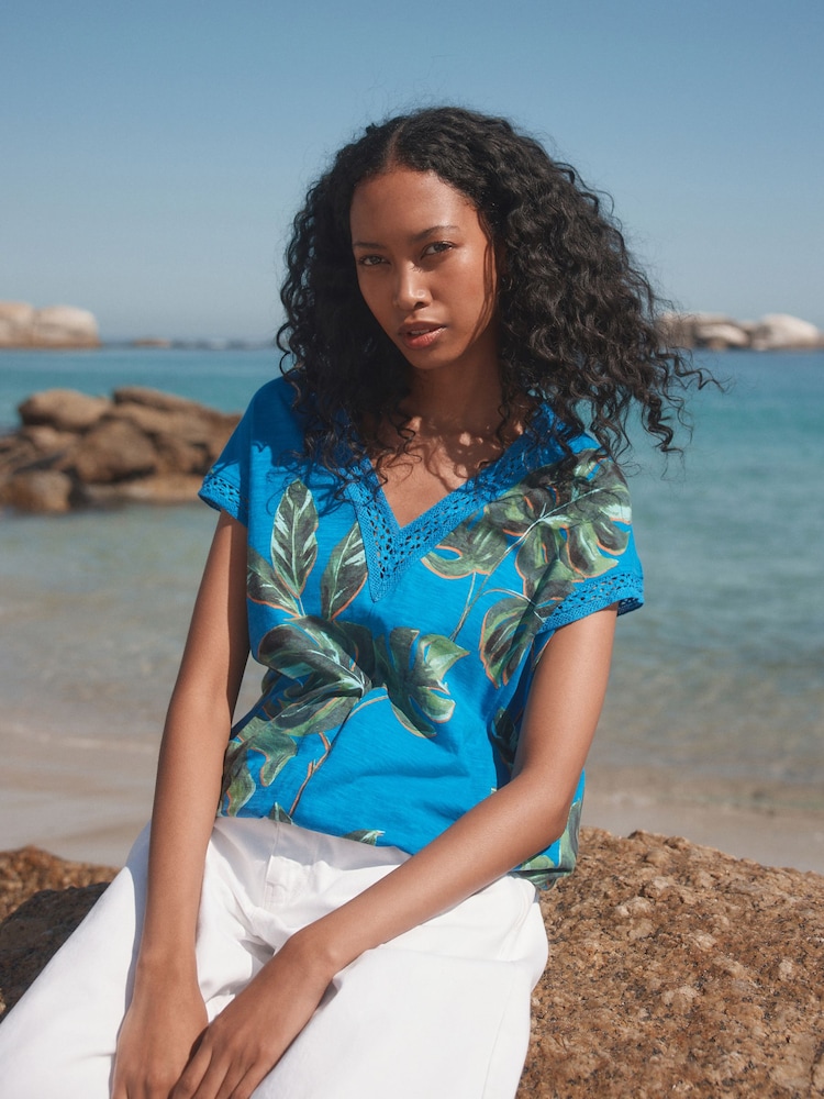 Blue/Green Leaf Short Sleeve Lace V-Neck Bubblehem 100% Cotton Top - Image 1 of 7