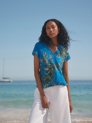Blue/Green Leaf Short Sleeve Lace V-Neck Bubblehem 100% Cotton Top - Image 2 of 7