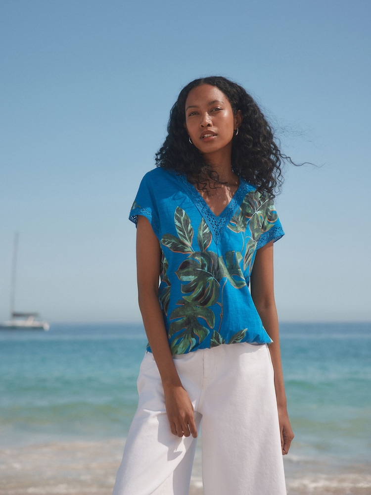 Blue/Green Leaf Short Sleeve Lace V-Neck Bubblehem 100% Cotton Top - Image 2 of 7
