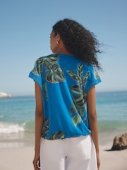 Blue/Green Leaf Short Sleeve Lace V-Neck Bubblehem 100% Cotton Top - Image 3 of 7