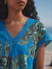 Blue/Green Leaf Short Sleeve Lace V-Neck Bubblehem 100% Cotton Top - Image 4 of 7