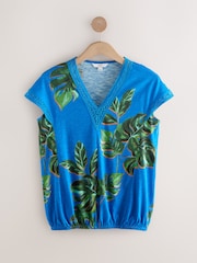 Blue/Green Leaf Short Sleeve Lace V-Neck Bubblehem 100% Cotton Top - Image 5 of 7