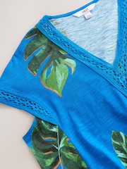 Blue/Green Leaf Short Sleeve Lace V-Neck Bubblehem 100% Cotton Top - Image 7 of 7