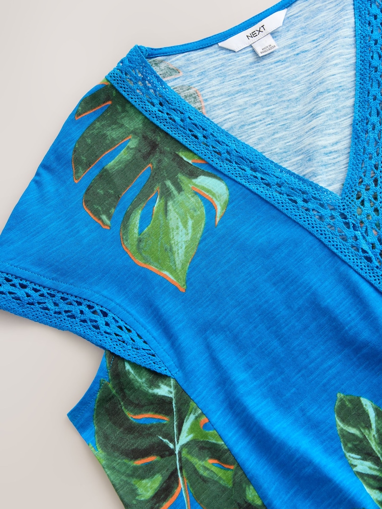 Blue/Green Leaf Short Sleeve Lace V-Neck Bubblehem 100% Cotton Top - Image 7 of 7
