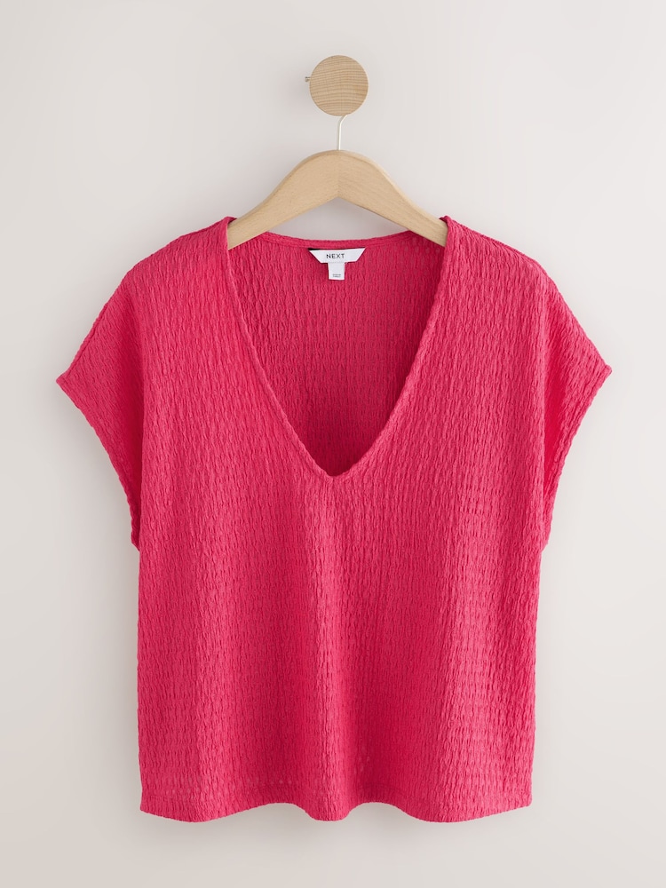 Rosa frambuesa - Textured Short Sleeve V-Neck T-Shirt - Imagen 1 de 3