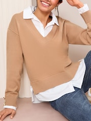 Friends Like These Camel Brown 2in1 V-Neck Jumper - Image 1 of 4