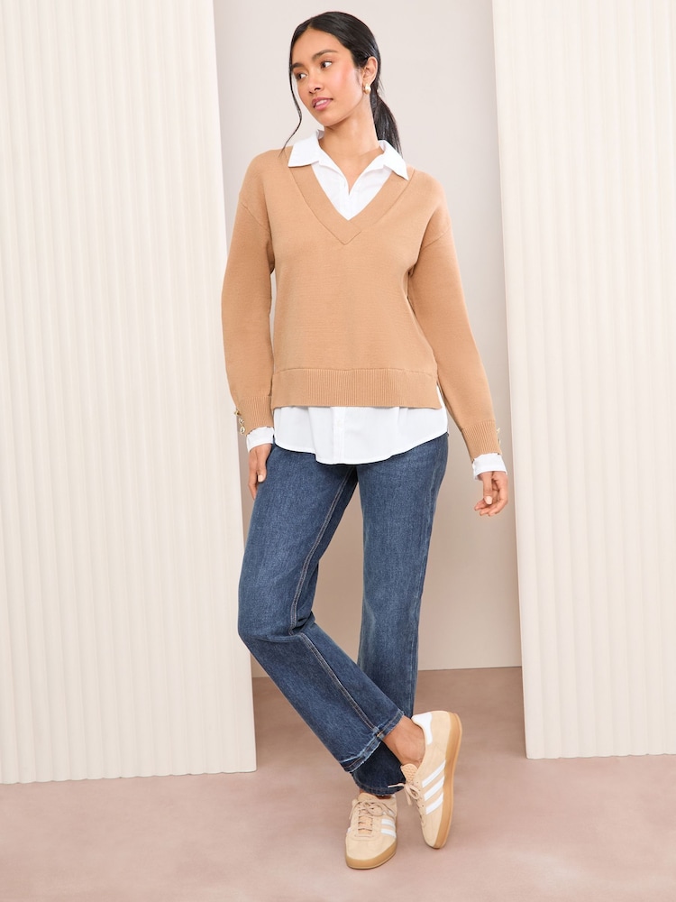 Friends Like These Camel Brown 2in1 V-Neck Jumper - Image 2 of 4