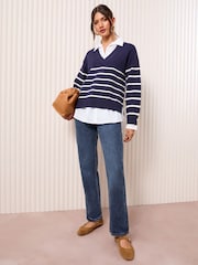 Friends Like These Navy Blue Stripe 2in1 V-Neck Jumper - Image 2 of 4