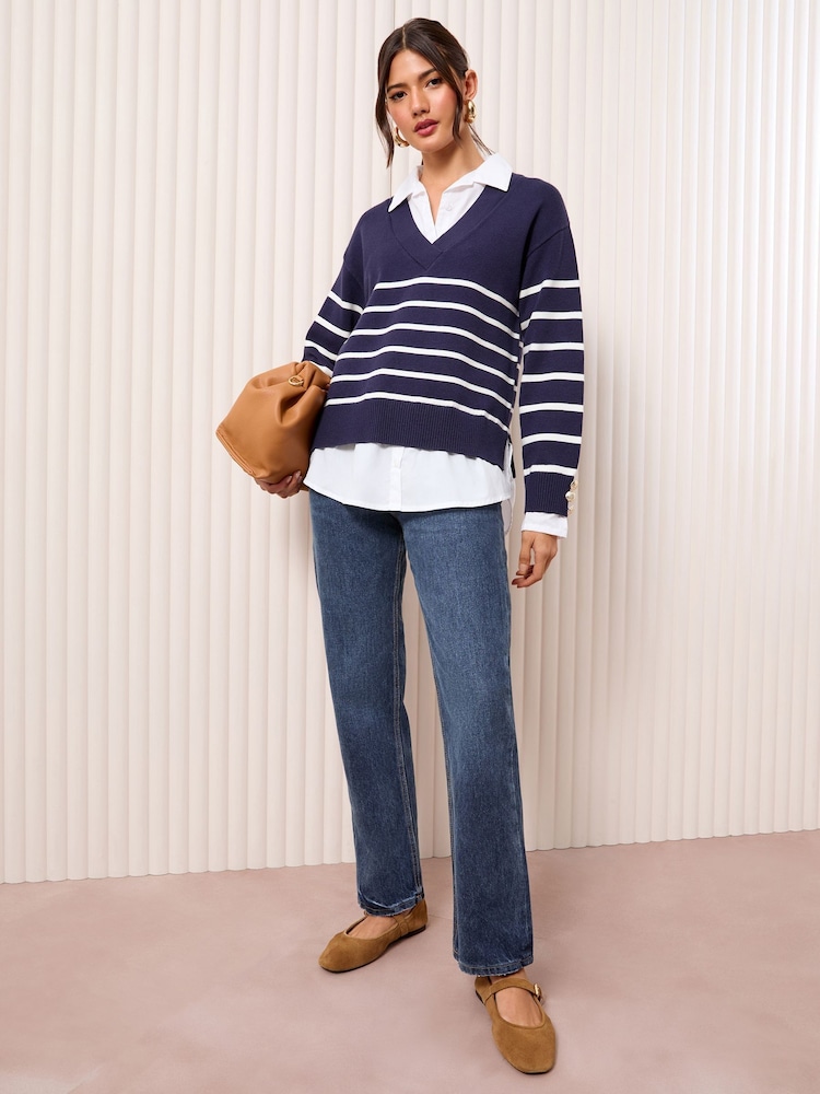 Friends Like These Navy Blue Stripe 2in1 V-Neck Jumper - Image 2 of 4