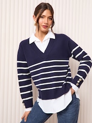 Friends Like These Navy Blue Stripe 2in1 V-Neck Jumper - Image 3 of 4
