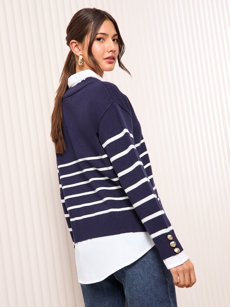 Friends Like These Navy Blue Stripe 2in1 V-Neck Jumper - Image 4 of 4