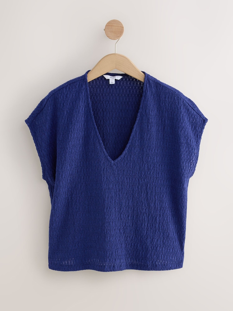 Blue Textured Short Sleeve V-Neck T-Shirt - Image 1 of 3