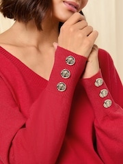 Friends Like These Red V-Neck Button Jumper - Image 2 of 5