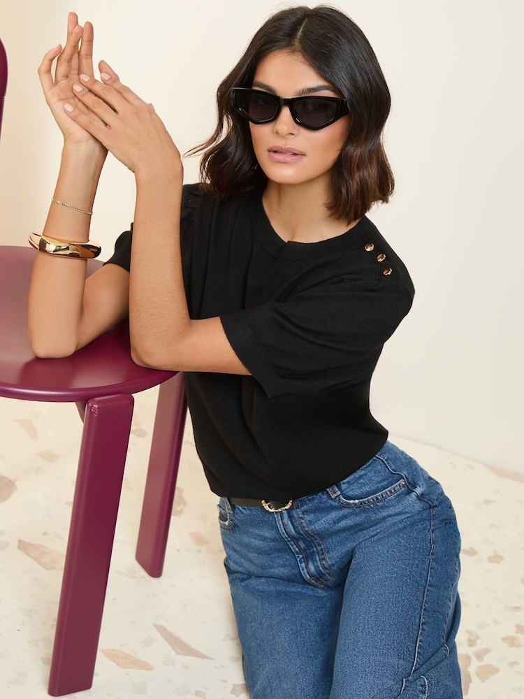 Friends Like These Black Button Shoulder Knitted Top - Image 1 of 4