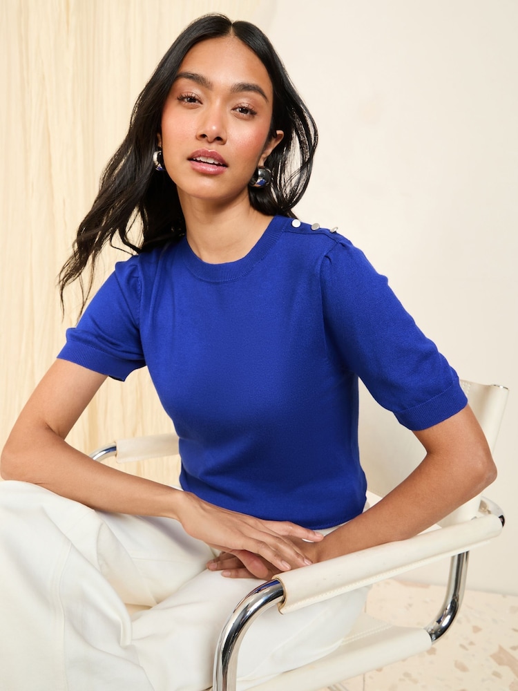 Friends Like These Cobalt Button Shoulder Knitted Top - Image 1 of 5