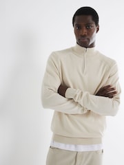 River Island Light Cream Slim Fit Waffle Half Zip Jumper - Image 1 of 6