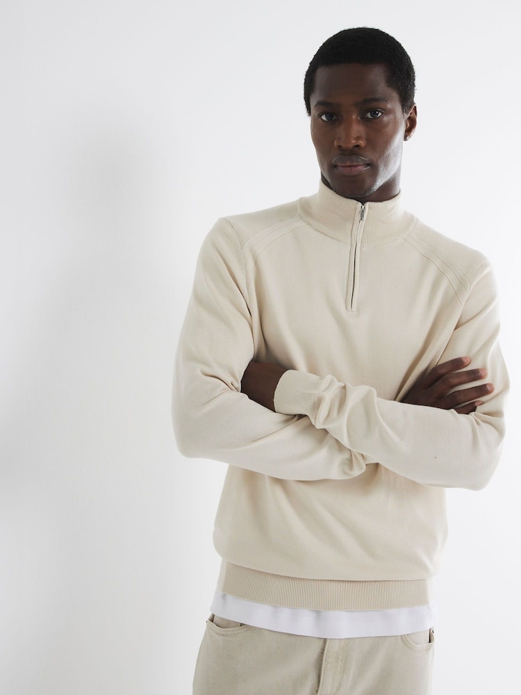 River Island Light Cream Slim Fit Waffle Half Zip Jumper - Image 1 of 6