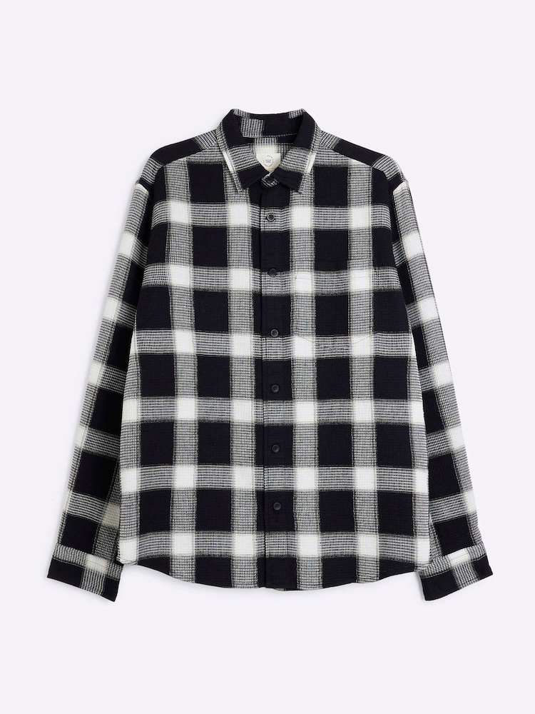 River Island Black Waffle 100% Cotton Check Shirt - Image 5 of 6