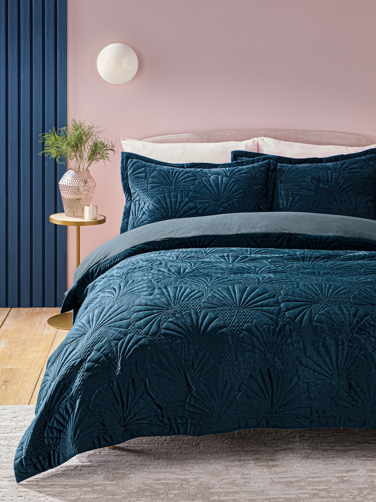 Blue Teal Velvet Ginkgo Duvet Cover and Pillowcase Set - Image 1 of 4 Blue Teal Velvet Ginkgo Duvet Cover and Pillowcase Set - Image 1 of 4